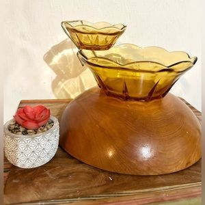Vintage Chip & Dip Bowls with Bracket Amber Glass Honey Gold Anchor Hocking MCM